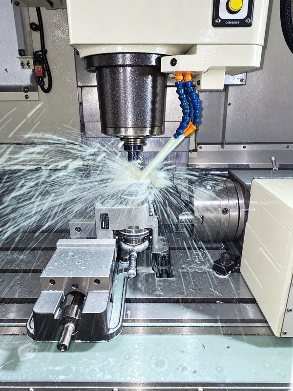3-axis vertical machining center cutting under flood coolant