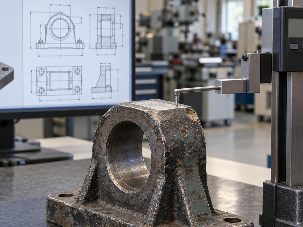 A worn cast housing being measured with a height gauge, its drawing on screen behind